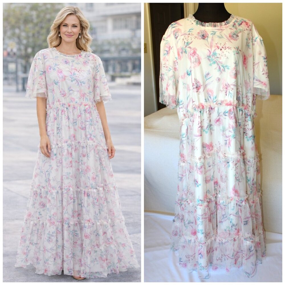 Celadon Maternity floral Tulle Maxi Dress Mesh Ruffle Tiered plus 3X Fairy Boho